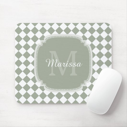 Trendy Sage Green Checked Mit Monogramm Name Mousepad (Mit Mouse)