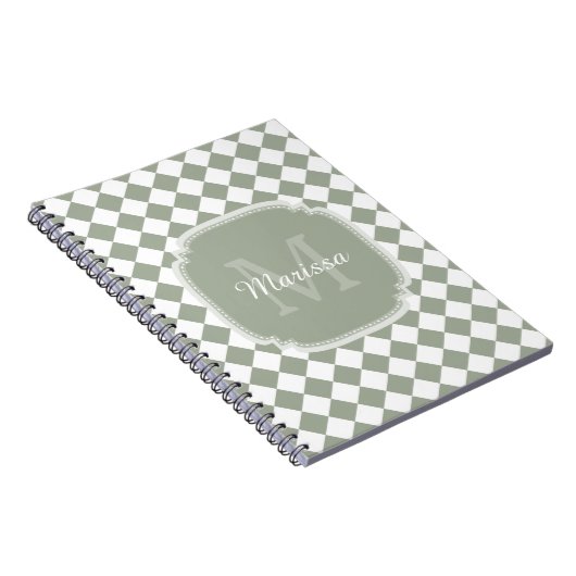 Trendy Sage Green Checked Mit Monogramm Name Notizblock (Rechte Seite)