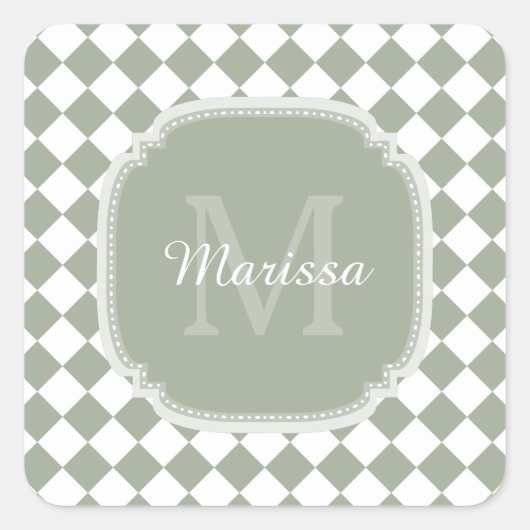 Trendy Sage Green Checked Mit Monogramm Name Quadratischer Aufkleber (Vorderseite)