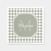 Trendy Sage Green Checked Mit Monogramm Name Serviette (Vorderseite)