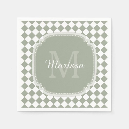 Trendy Sage Green Checked Mit Monogramm Name Serviette (Vorderseite)