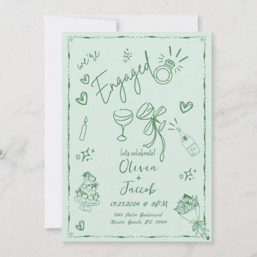 Trendy Sage Green Mint Hand Drawing Party Einladung (Vorderseite)
