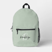Trendy Sage Green Schwarz-weiß Script Monogram Bedruckter Rucksack (Vorderseite)