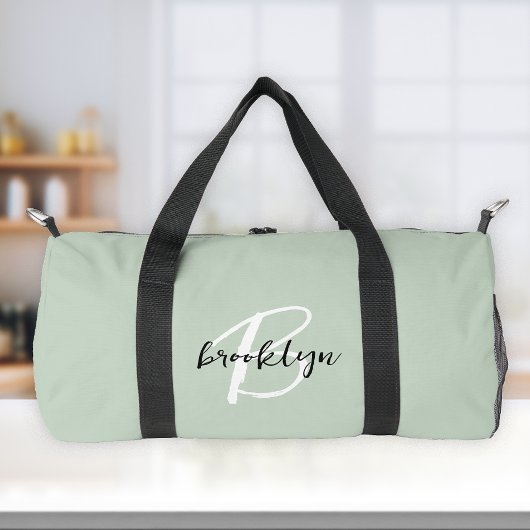Trendy Sage Green Schwarz-weiß Script Monogram Duffle Bag