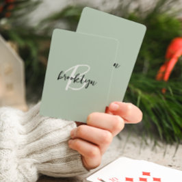Trendy Sage Green Schwarz-weiß Script Monogram Spielkarten