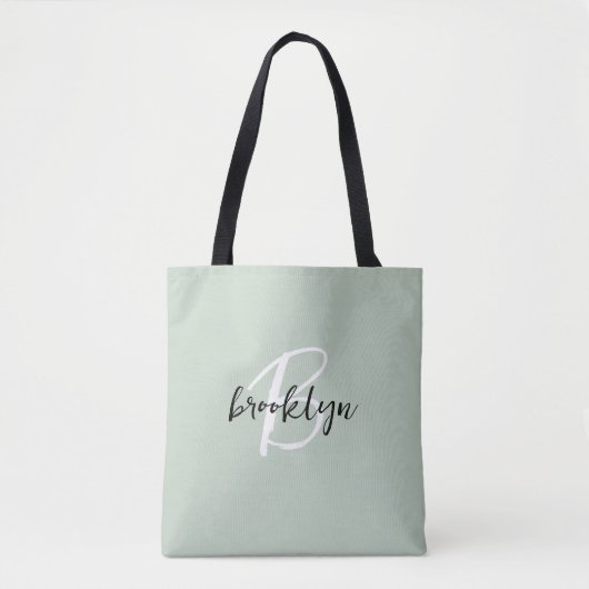 Trendy Sage Green Schwarz-weiß Script Monogram Tasche (Vorderseite)