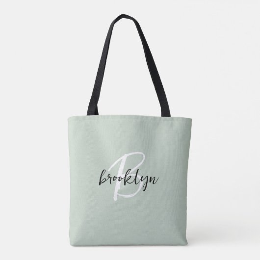 Trendy Sage Green Schwarz-weiß Script Monogram Tasche (Rückseite)