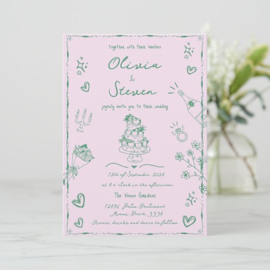 Trendy Sage Hand Drawn Quirky Scribble Wedding Einladung (Stehend Vorderseite)