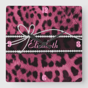 Trendy schicke gürtelige Imitate heiß rosa Leopa Quadratische Wanduhr