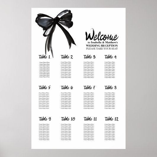 Trendy Schwarz-weiß Bow Chic Wedding Seating Chart Poster (Vorne)