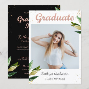 Trendy Schwarz-weiß Greenery Foto Graduation Party Einladung