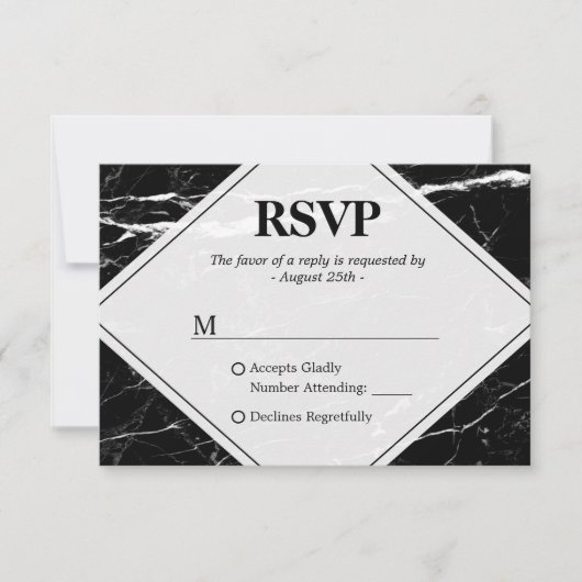 Trendy Schwarz-weiß Marble Wedding RSVP Karte (Vorderseite)