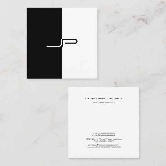 Trendy Schwarz-weiß Monogram Initial Stylish Moder Quadratische Visitenkarte (Vorne/Hinten)