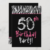 Trendy Schwarz-weiß Pink Zebra 50. Geburtstag Einladung (Vorne/Hinten)