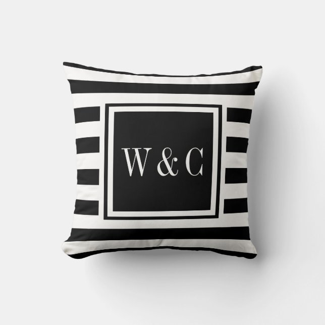 Trendy Schwarz-weiß Stripe Monogram Kissen (Vorderseite)