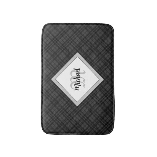 Trendy Schwarz-weiß tartan Personalize Monogram Badematte (Vorderseite Vertikal)