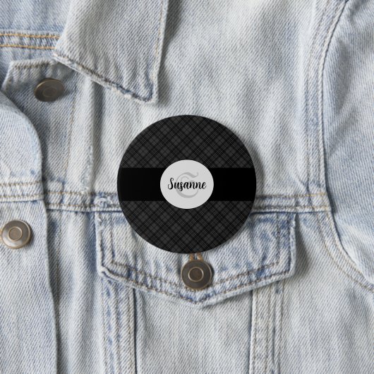 Trendy Schwarz-weiß tartan Personalize Monogram Button (Beispiel)