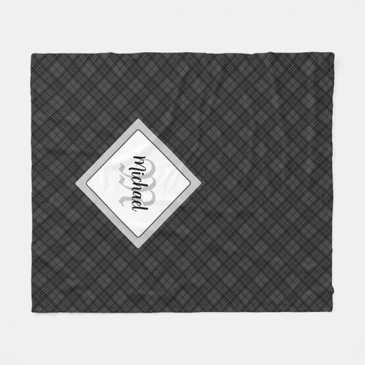 Trendy Schwarz-weiß tartan Personalize Monogram Fleecedecke (Vorderseite (Horizontal))