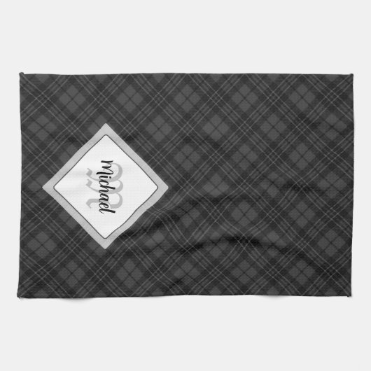 Trendy Schwarz-weiß tartan Personalize Monogram Geschirrtuch (Horizontal)