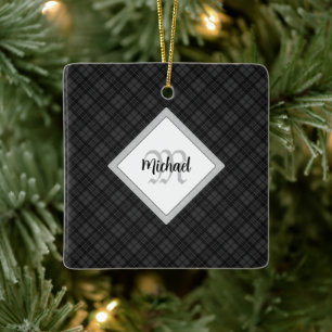 Trendy Schwarz-weiß tartan Personalize Monogram Keramikornament