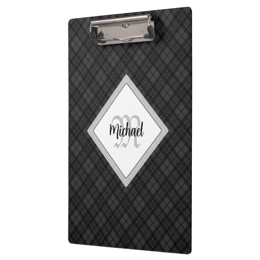 Trendy Schwarz-weiß tartan Personalize Monogram Klemmbrett (Links)