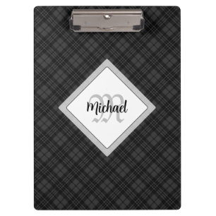 Trendy Schwarz-weiß tartan Personalize Monogram Klemmbrett