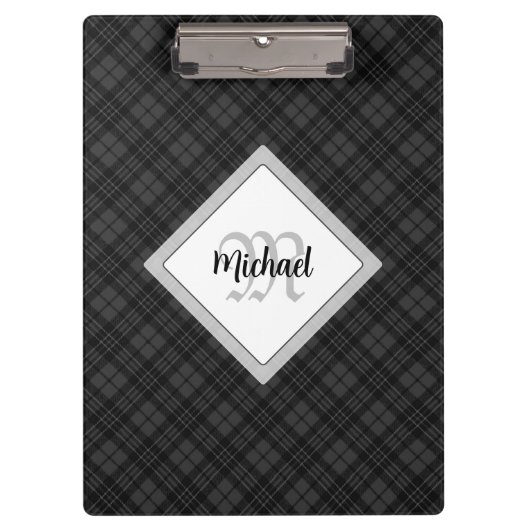 Trendy Schwarz-weiß tartan Personalize Monogram Klemmbrett (Vorderseite)