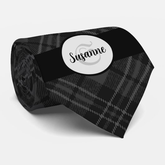 Trendy Schwarz-weiß tartan Personalize Monogram Krawatte (Gerollt)
