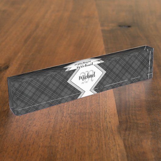 Trendy Schwarz-weiß tartan Personalize Monogram Namensplakette (Seite)