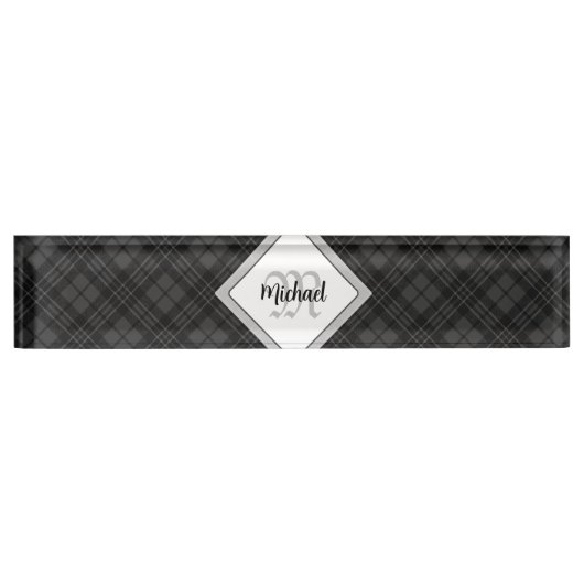 Trendy Schwarz-weiß tartan Personalize Monogram Namensplakette (Vorderseite)