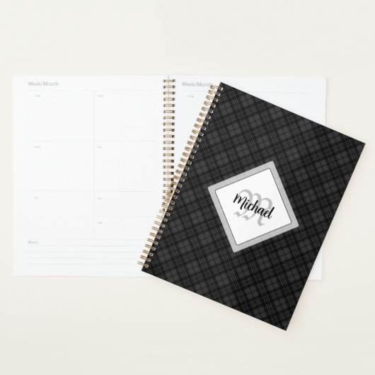 Trendy Schwarz-weiß tartan Personalize Monogram Planer (Anzeige)