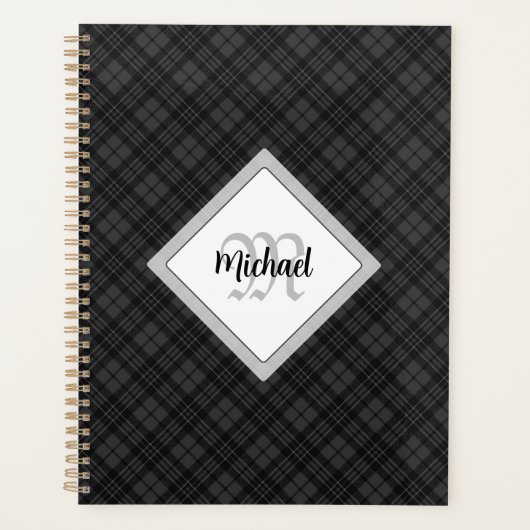 Trendy Schwarz-weiß tartan Personalize Monogram Planer (Vorderseite)