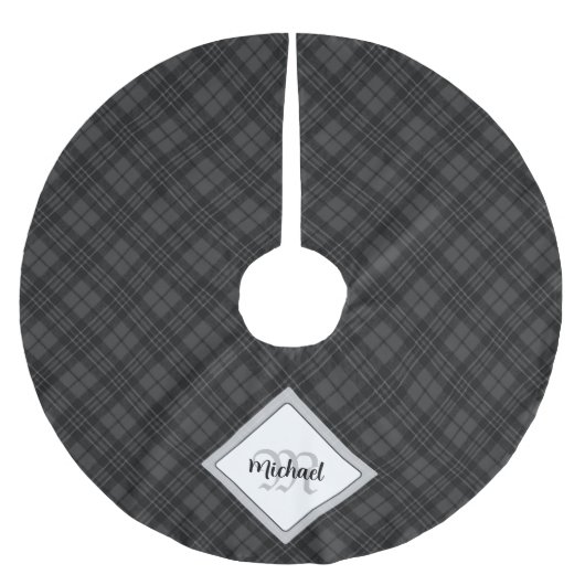 Trendy Schwarz-weiß tartan Personalize Monogram Polyester Weihnachtsbaumdecke (Vorderseite)