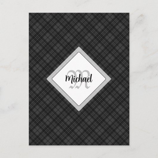 Trendy Schwarz-weiß tartan Personalize Monogram Postkarte (Vorderseite)