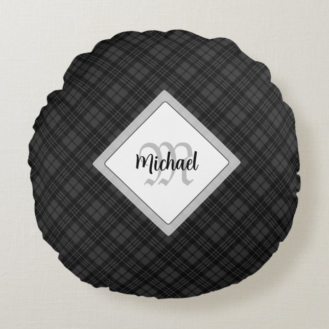Trendy Schwarz-weiß tartan Personalize Monogram Rundes Kissen (Vorderseite)