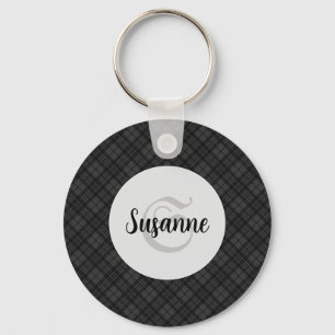 Trendy Schwarz-weiß tartan Personalize Monogram Schlüsselanhänger