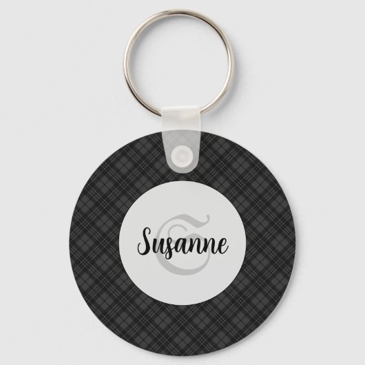 Trendy Schwarz-weiß tartan Personalize Monogram Schlüsselanhänger (Vorderseite)