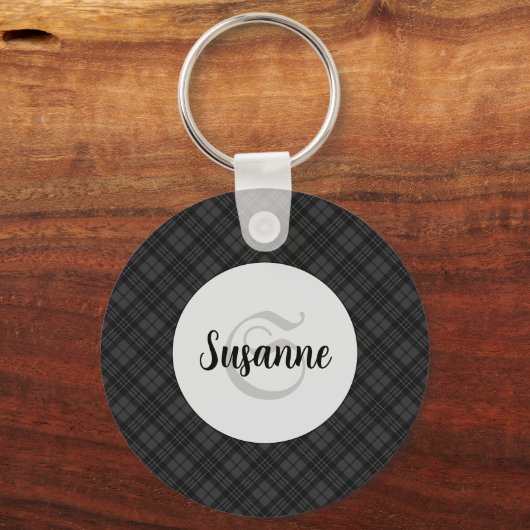 Trendy Schwarz-weiß tartan Personalize Monogram Schlüsselanhänger (Vorderseite)