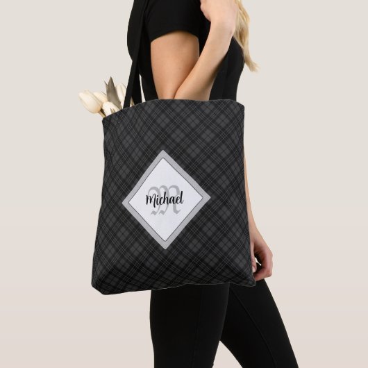 Trendy Schwarz-weiß tartan Personalize Monogram Tasche (Von Nahem)