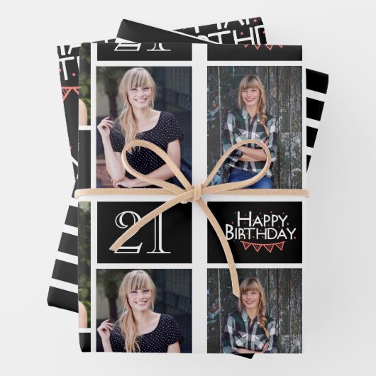 Trendy Schwarz-weiße FotoCollage 21. Geburtstag Geschenkpapier Set (Beispiel)