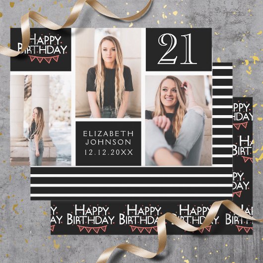 Trendy Schwarz-weiße FotoCollage 21. Geburtstag Geschenkpapier Set