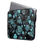 Trendy schwarze u. blaue BlumenRosen-Laptop-Hülse Laptopschutzhülle (Vorderseite Links)