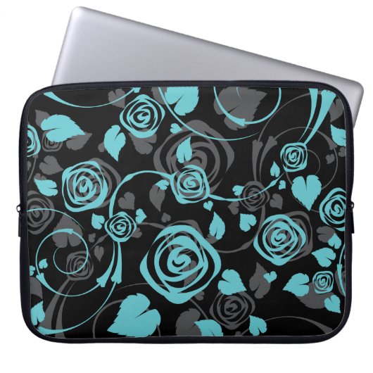 Trendy schwarze u. blaue BlumenRosen-Laptop-Hülse Laptopschutzhülle (Vorderseite)
