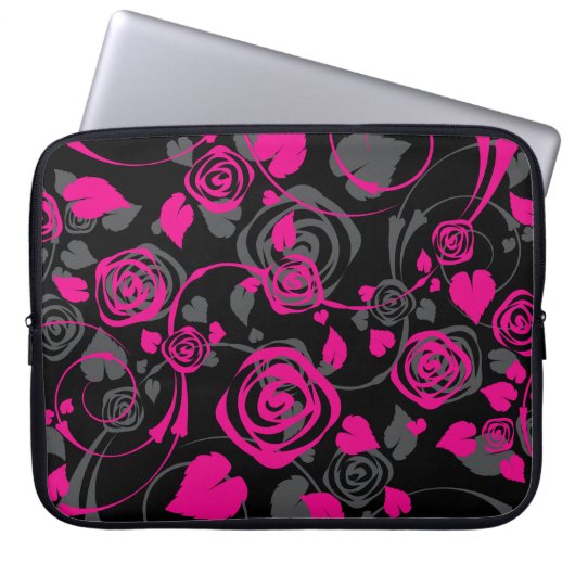 Trendy schwarze u. rosa BlumenRosen-Laptop-Hülse Laptopschutzhülle (Vorderseite)