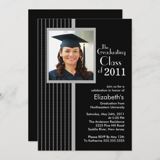 Trendy Schwarzes Stripes Foto-Abschluss-Einladung Einladung (Vorne/Hinten)