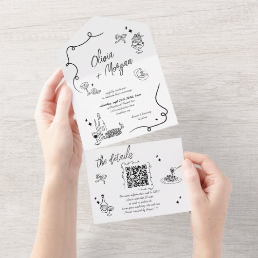 Trendy Scribble Doodle QR Code Hochzeit Einladung (Abreißen)