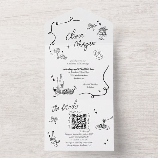 Trendy Scribble Doodle QR Code Hochzeit Einladung (Innen Boden)