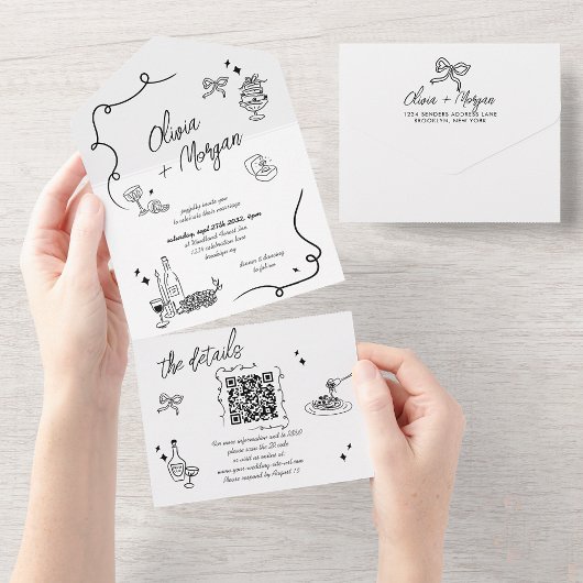 Trendy Scribble Doodle QR Code Hochzeit Einladung