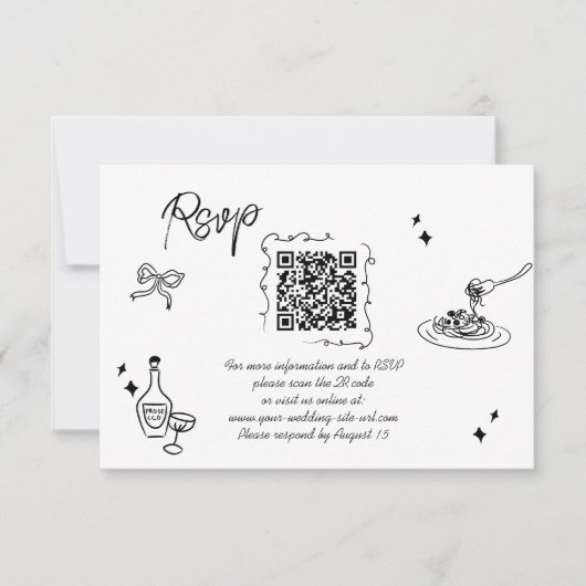 Trendy Scribble Doodle Skript Hochzeit QR Code RSVP Karte (Vorderseite)