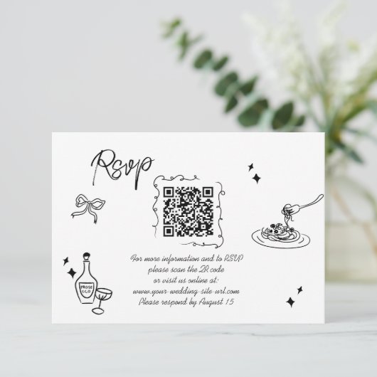 Trendy Scribble Doodle Skript Hochzeit QR Code RSVP Karte (Stehend Vorderseite)